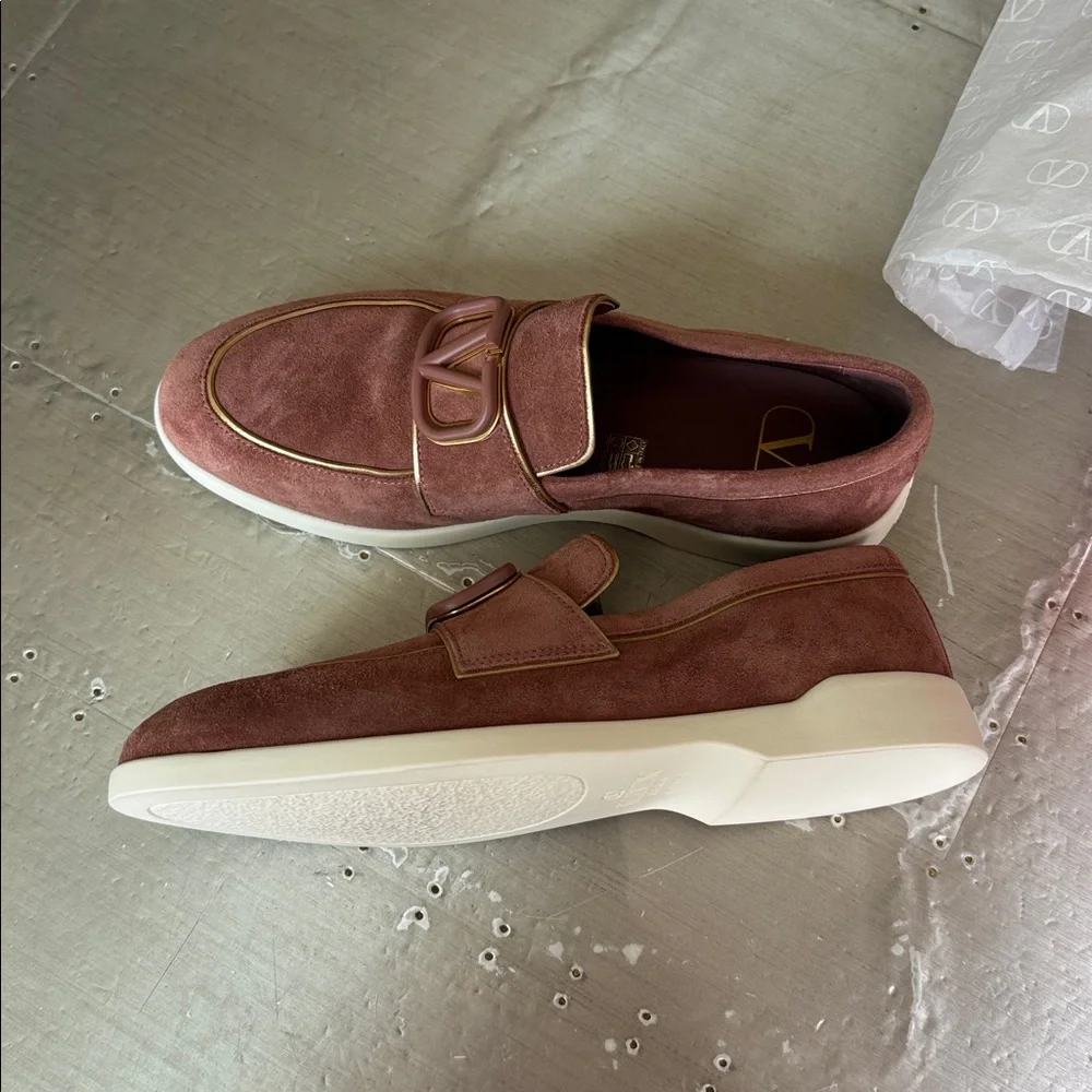 Valentino garavani brown suede gold lining loafer moccasin flats sz 39